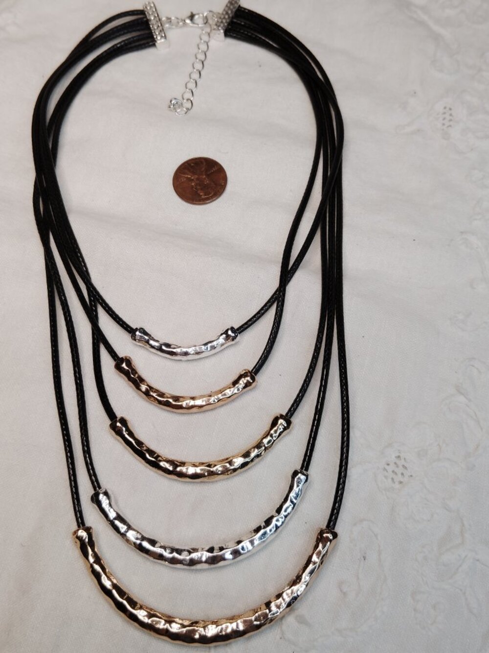 Mixed Metal Hammered Bar Necklace – 5‑Strand Black Cord